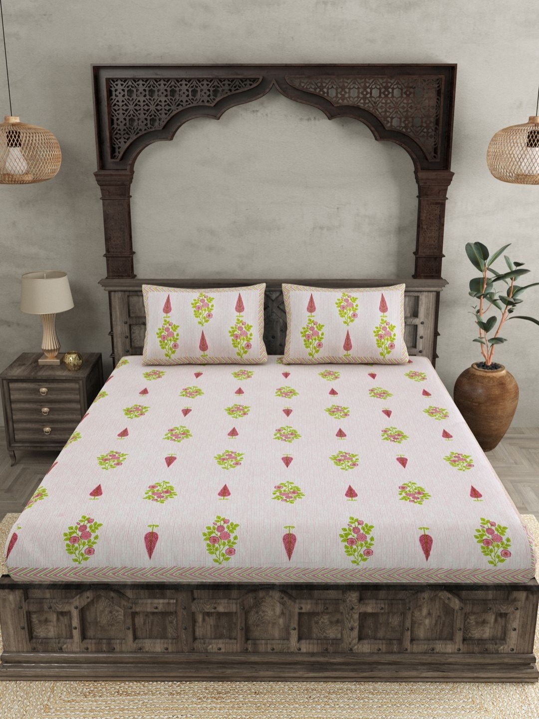 

JAIPUR FABRIC Pink Ethnic Motifs Ethnic Motifs 144 TC King Bedsheet with 2 Pillow Covers