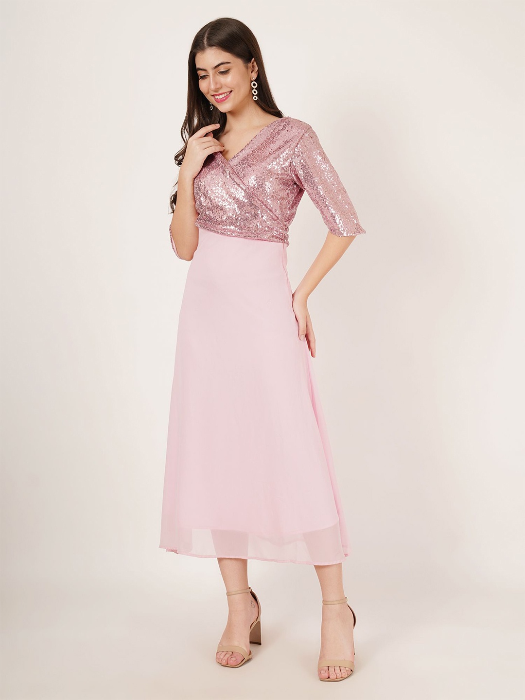 

Karmic Vision Embellished Georgette Fit & Flare Midi Dress, Pink