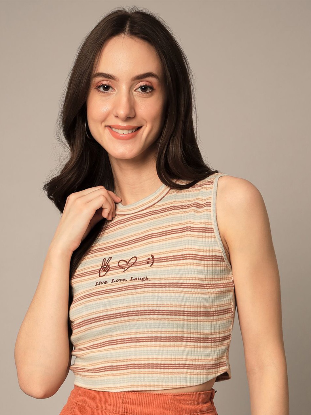 

Yaadleen Women Striped Round Neck Pure Cotton Top, Grey