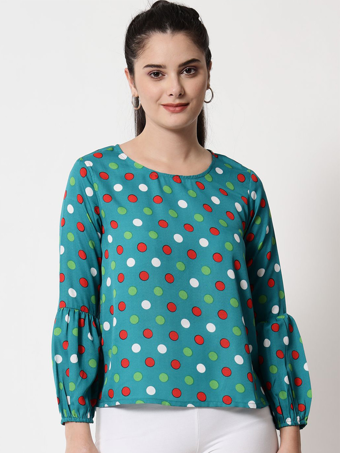 

Yaadleen Women Polka Dots Printed Round Neck Top, Green
