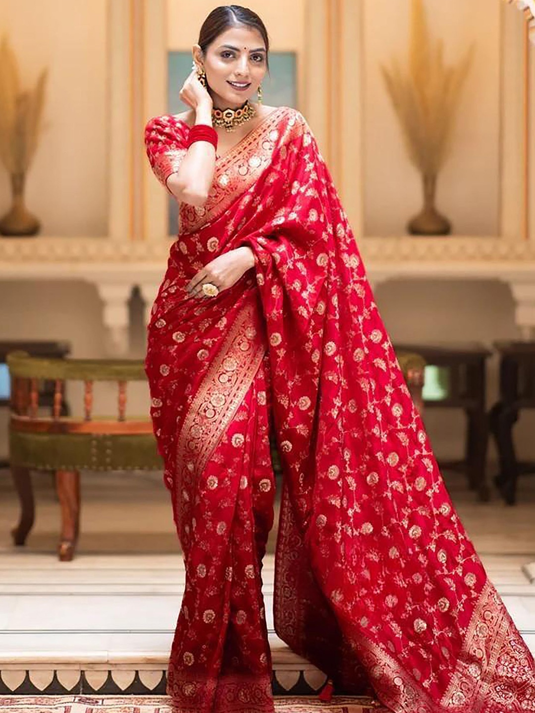 

Anjaneya Sarees Woven Design Zari Banarasi Saree, Red