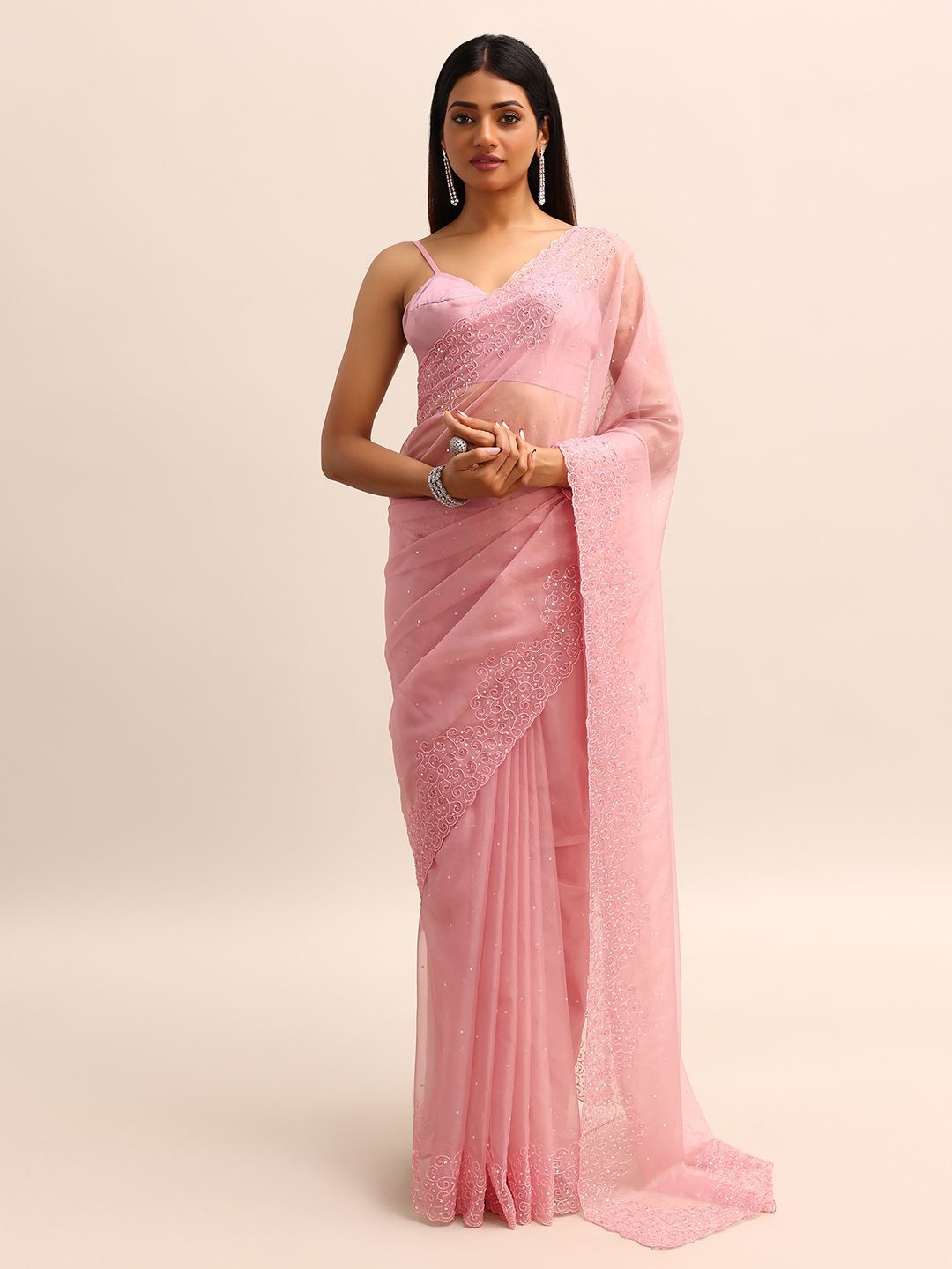 

KALKI Fashion Ethnic Motifs Embroidered Organza Pink Saree