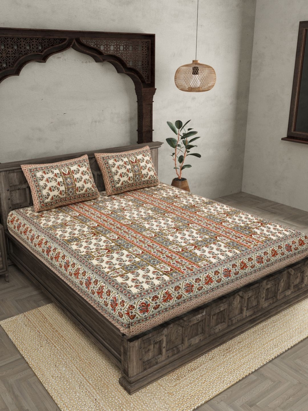 

JAIPUR FABRIC Red Ethnic Motifs 144 TC Pure Cotton King Bedsheet with 2 Pillow Covers