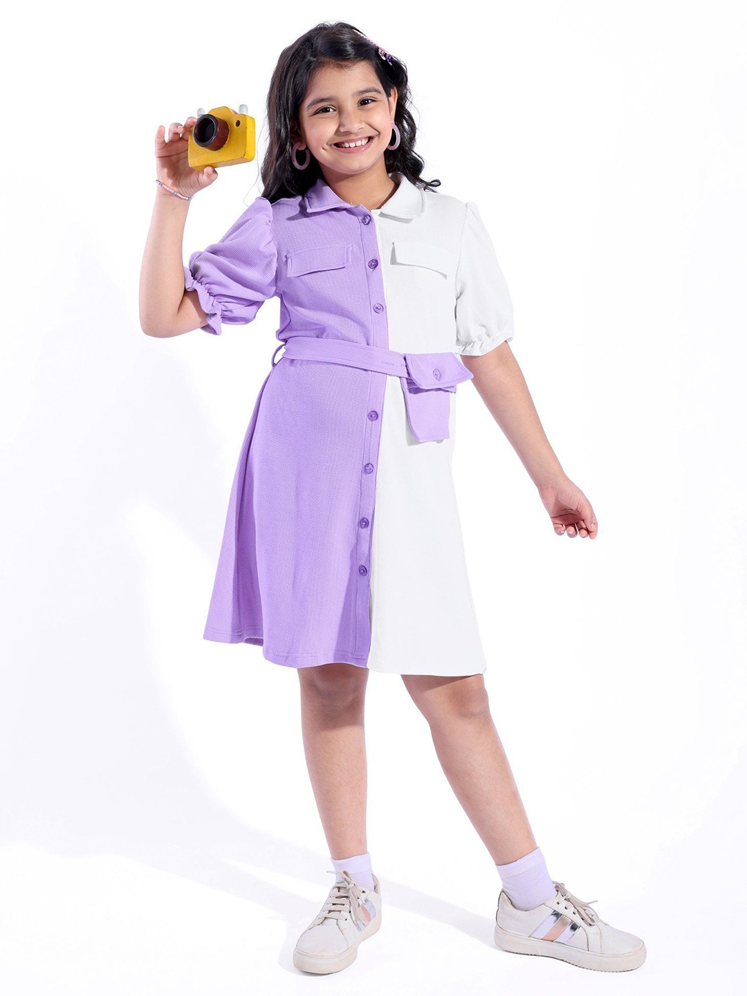 

Hola Bonita Girls Puff Sleeve Colourblocked Shirt Dress, Lavender