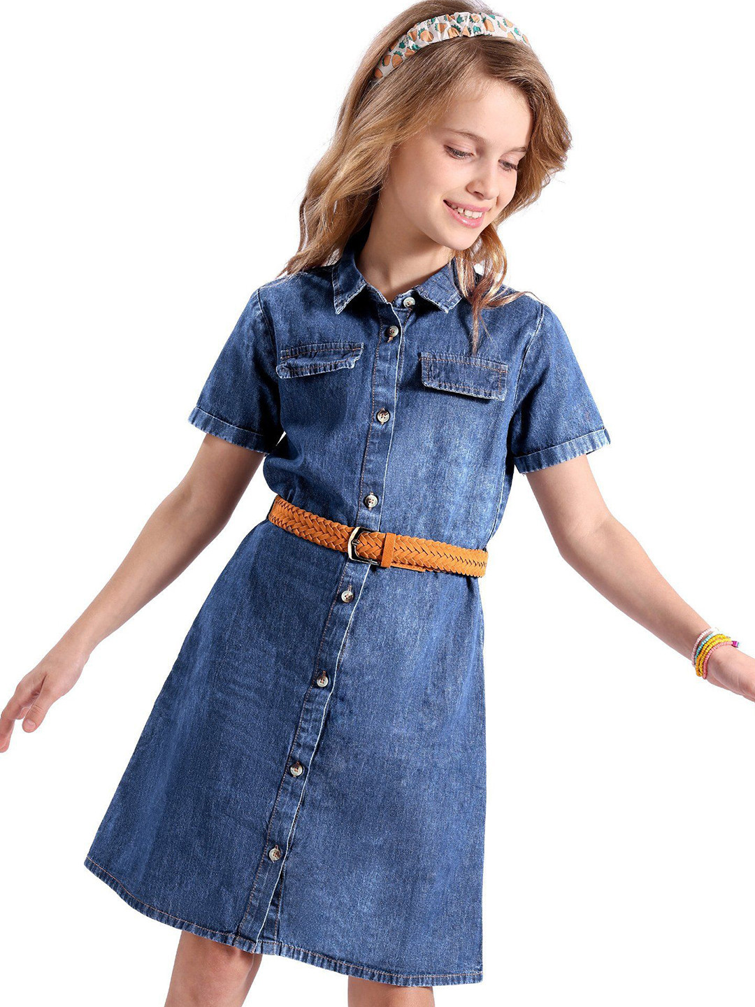 

Hola Bonita Girls Denim Cotton Shirt Dress Comes with a belt, Blue