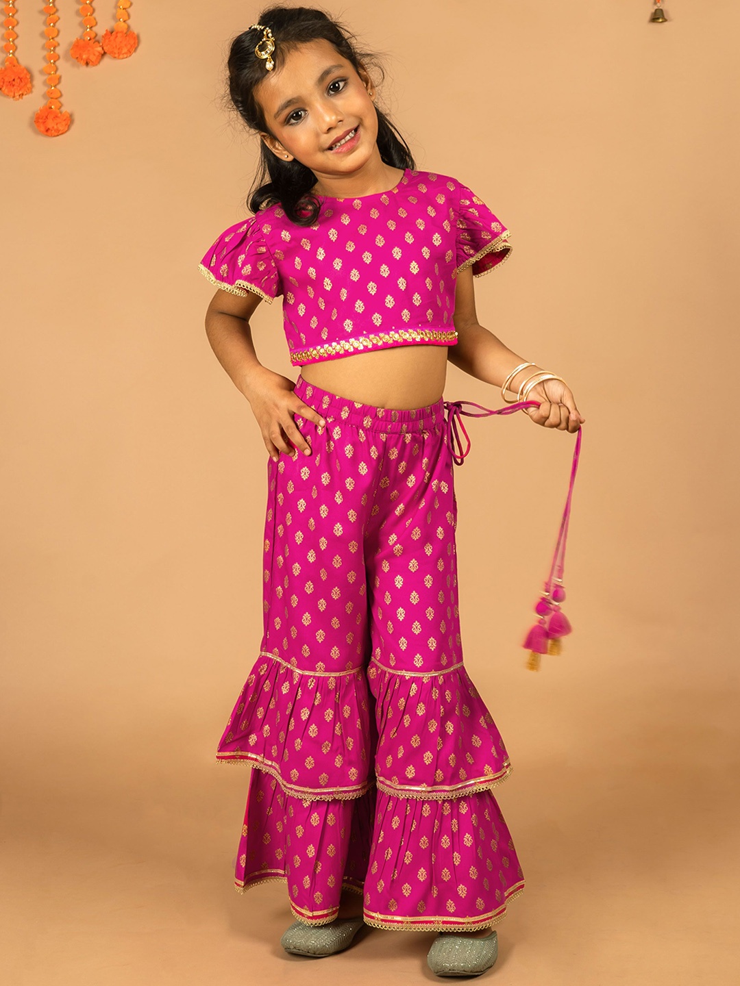 

HERE&NOW Girls Woven Design Top With Palazzos, Fuchsia