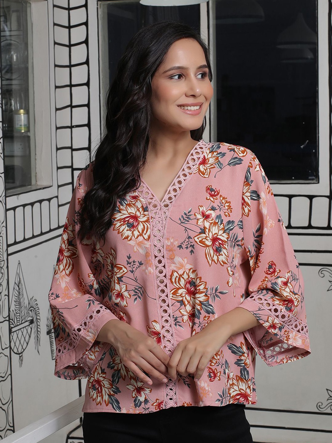

AKS Women Floral Printed V-Neck Top, Peach