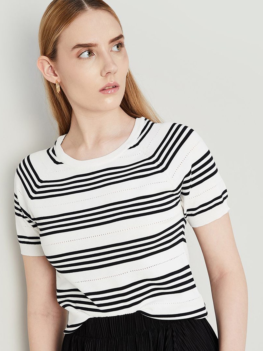 

CODE by Lifestyle Women Striped Round Neck Top, Off white