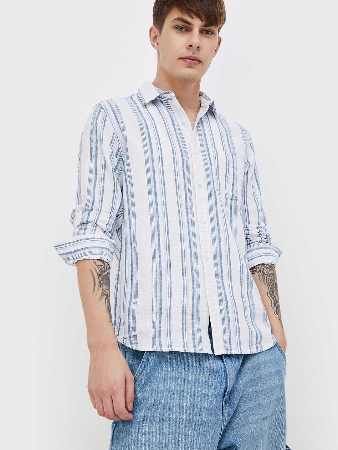 

Fame Forever by Lifestyle Men Spread Collar Striped Cotton Casual Shirt, White