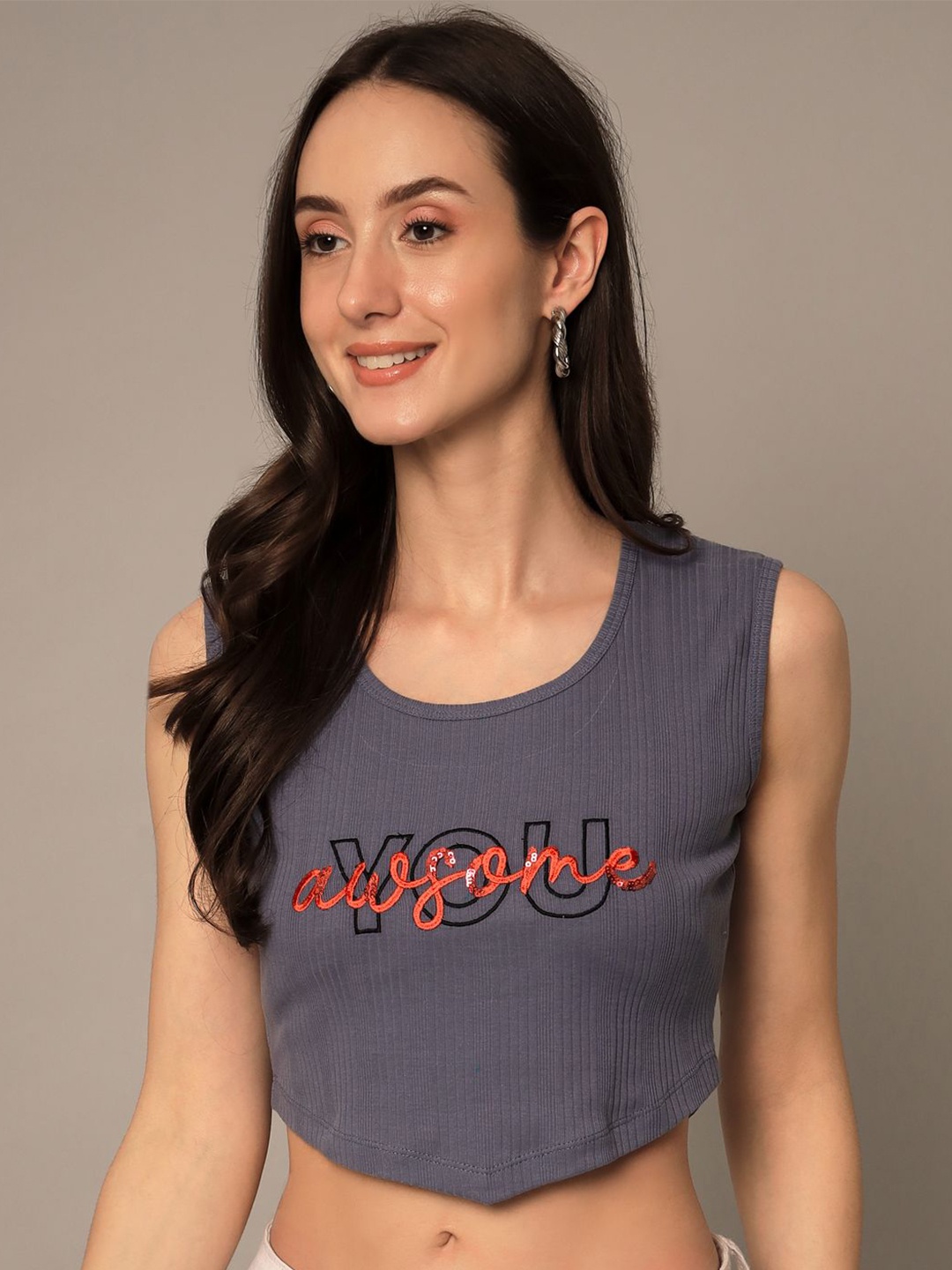 

Yaadleen Women Typography Printed Round Neck Pure Cotton Top, Grey