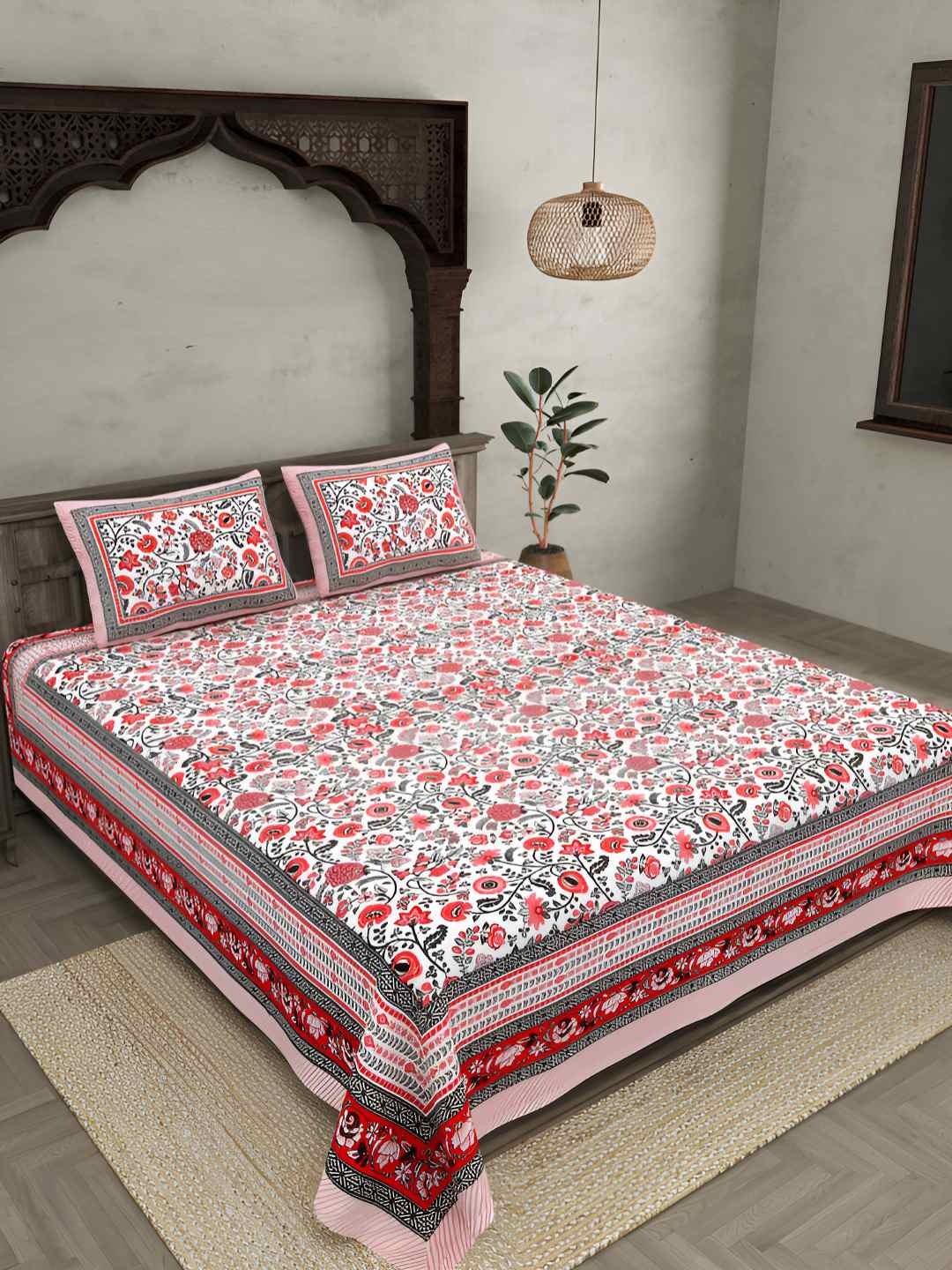 

BED-SHEET.COM Pink & White Pure Cotton Floral 144 TC King Bedsheet with 2 Pillow Covers