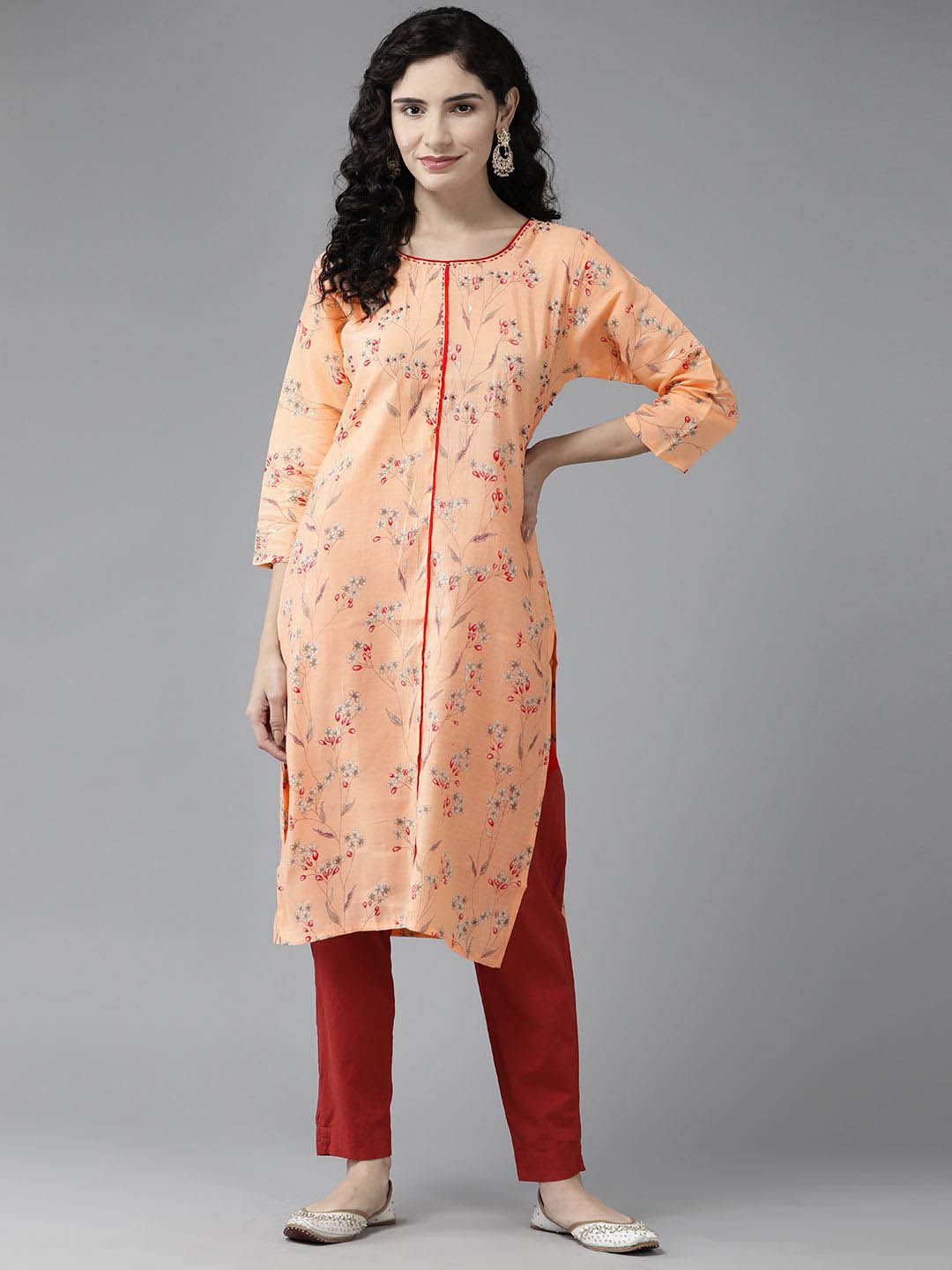 

BAESD Floral Embroidered Round Neck Thread Work Pure Cotton Straight Kurta, Peach