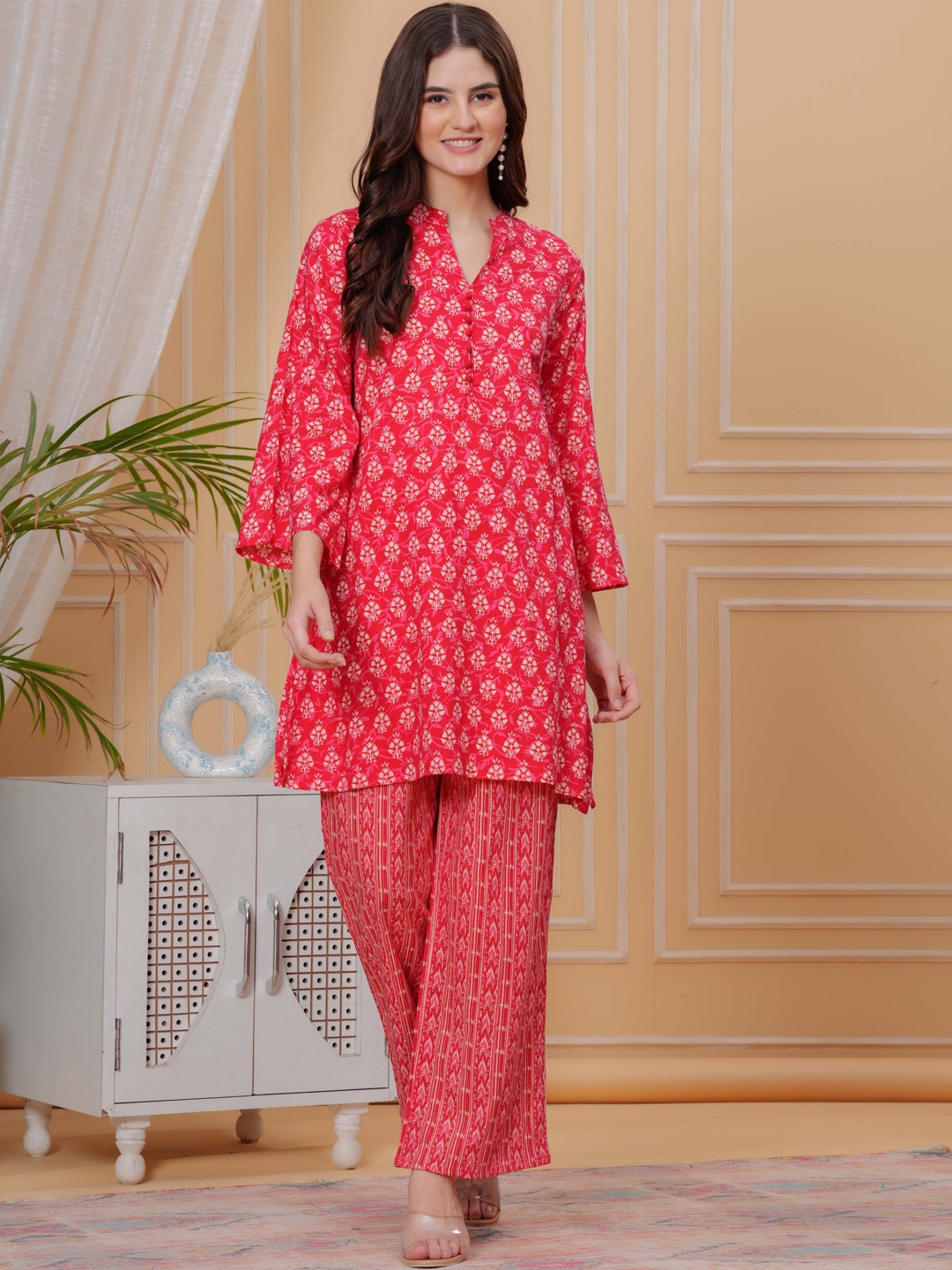 

Mizaz Floral Printed Pure Cotton Tunic With Trousers, Red
