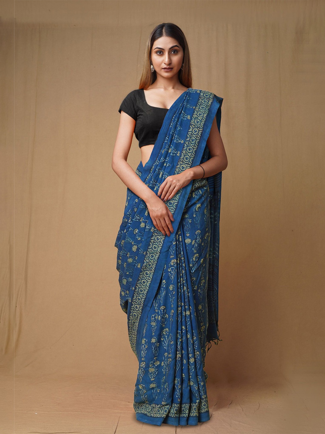 

Unnati Silks Floral Art Silk Handloom Chanderi Saree, Blue