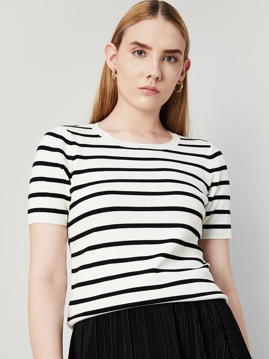 

CODE by Lifestyle Women Striped Round Neck Top, Off white