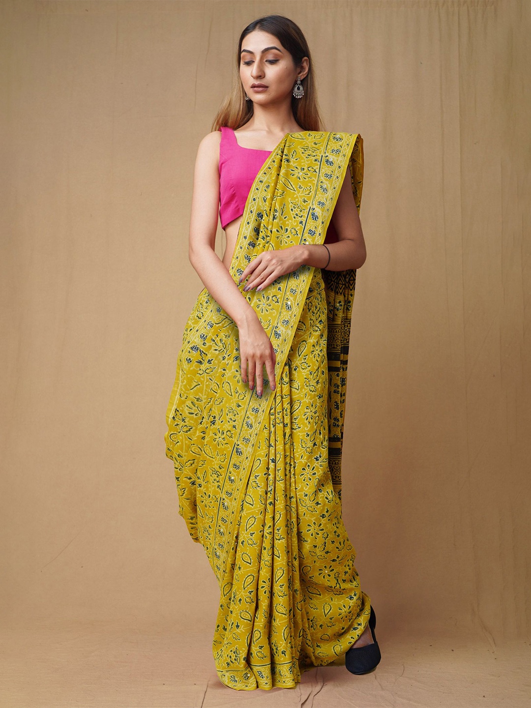 

Unnati Silks Ajrak Block Handloom Chanderi Saree, Yellow
