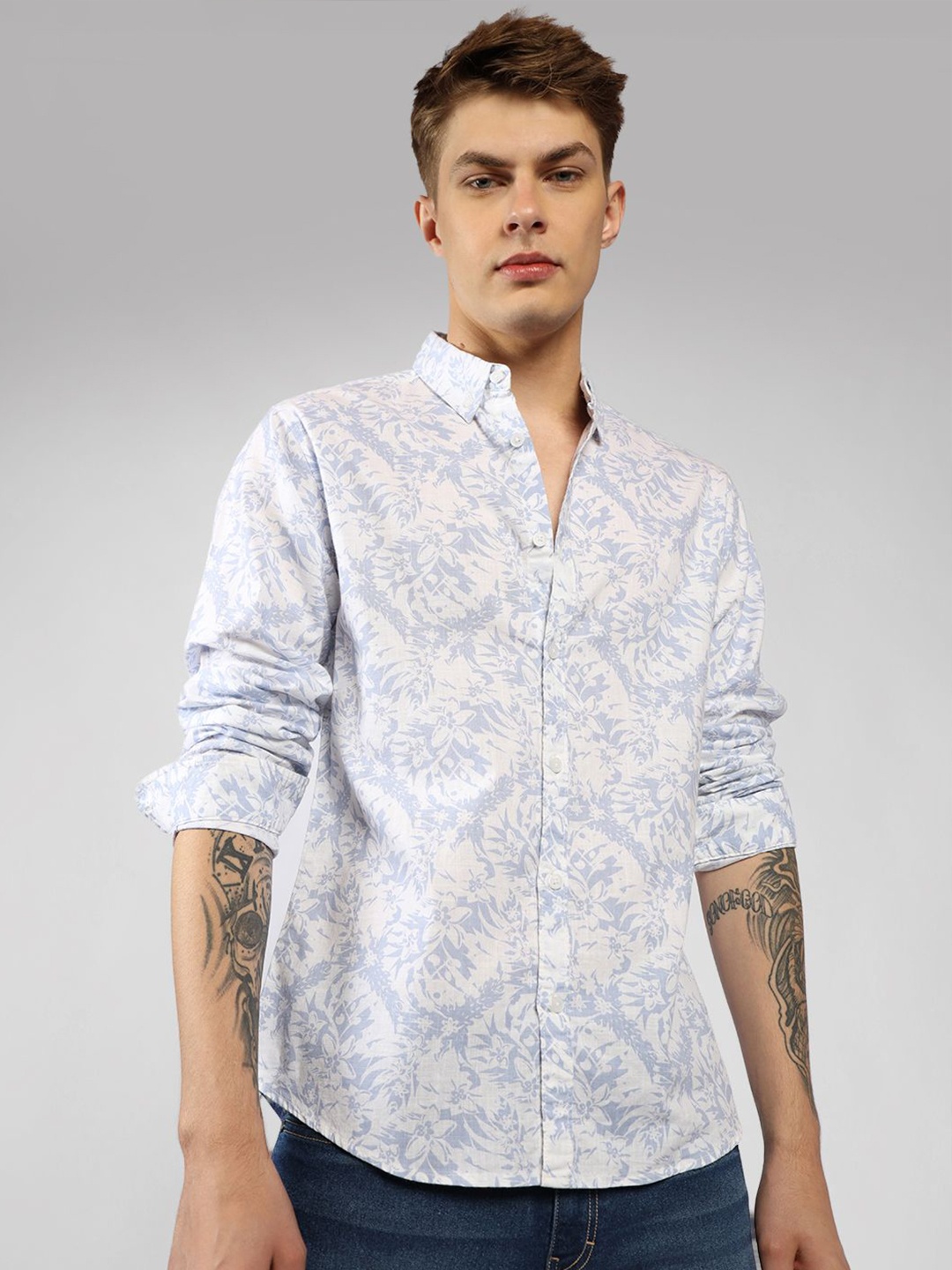 

Dennis Lingo Button-Down Collar Floral Printed Cotton Slub Casual Shirt, Blue