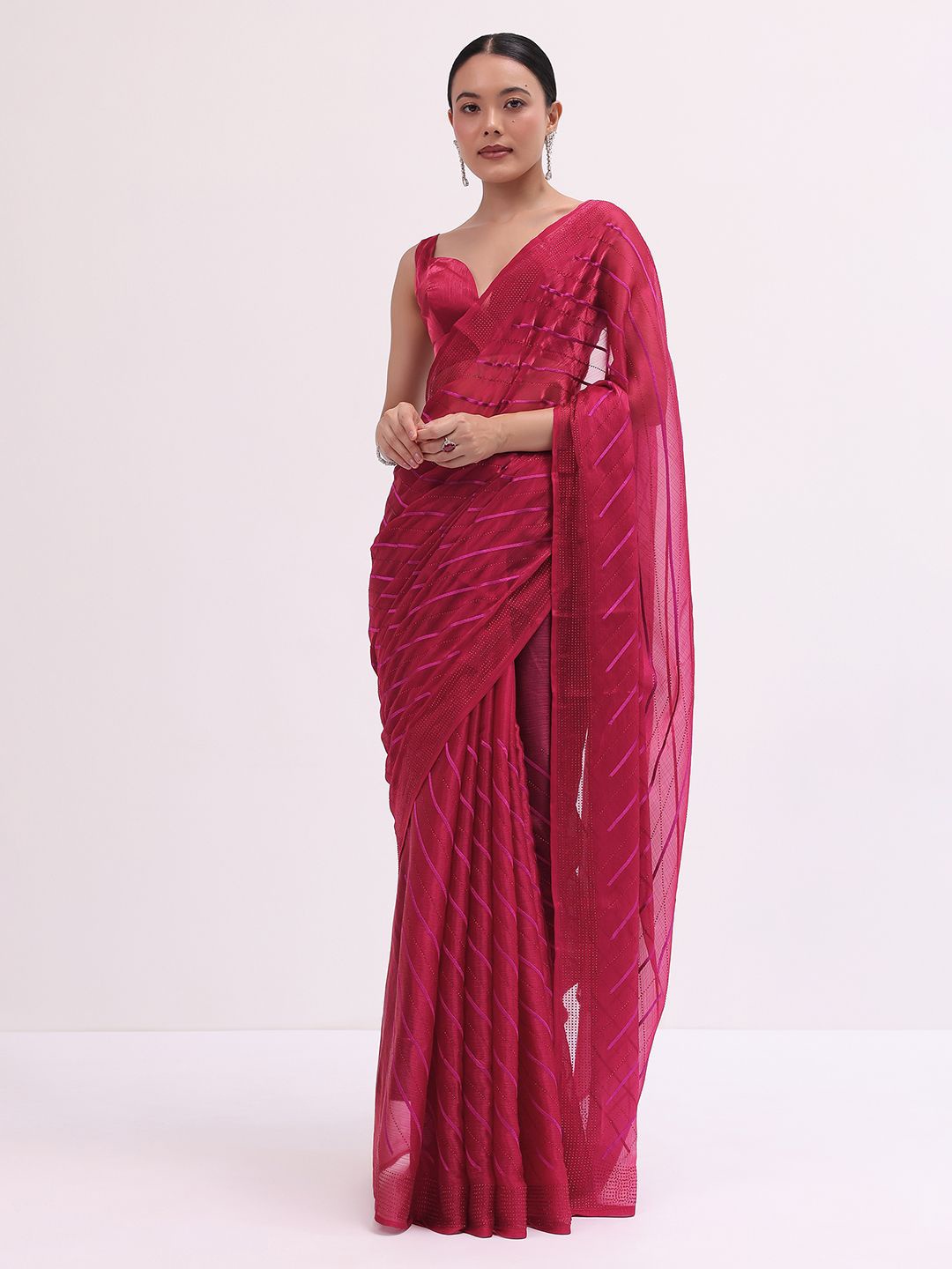 

KALKI Fashion Embellished Striped Beads and Stones Tissue Saree, Red