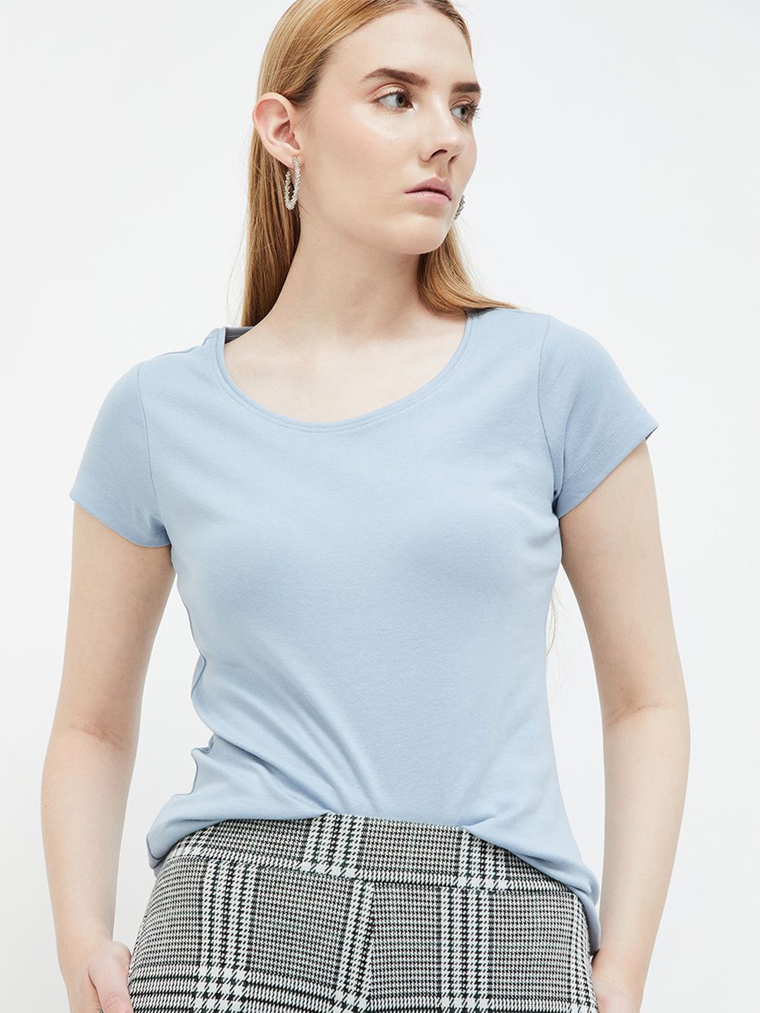 

CODE by Lifestyle Women Solid Round Neck Cotton Top, Blue