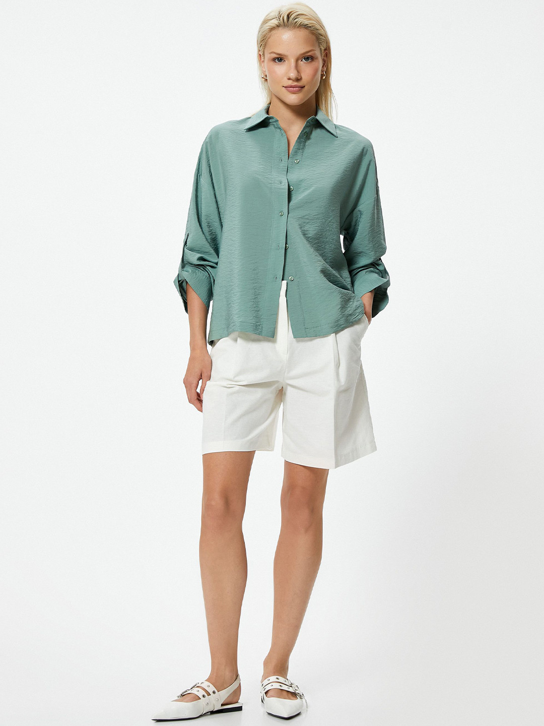 

Koton Women Spread Collar Solid Cotton Casual Shirt, Green