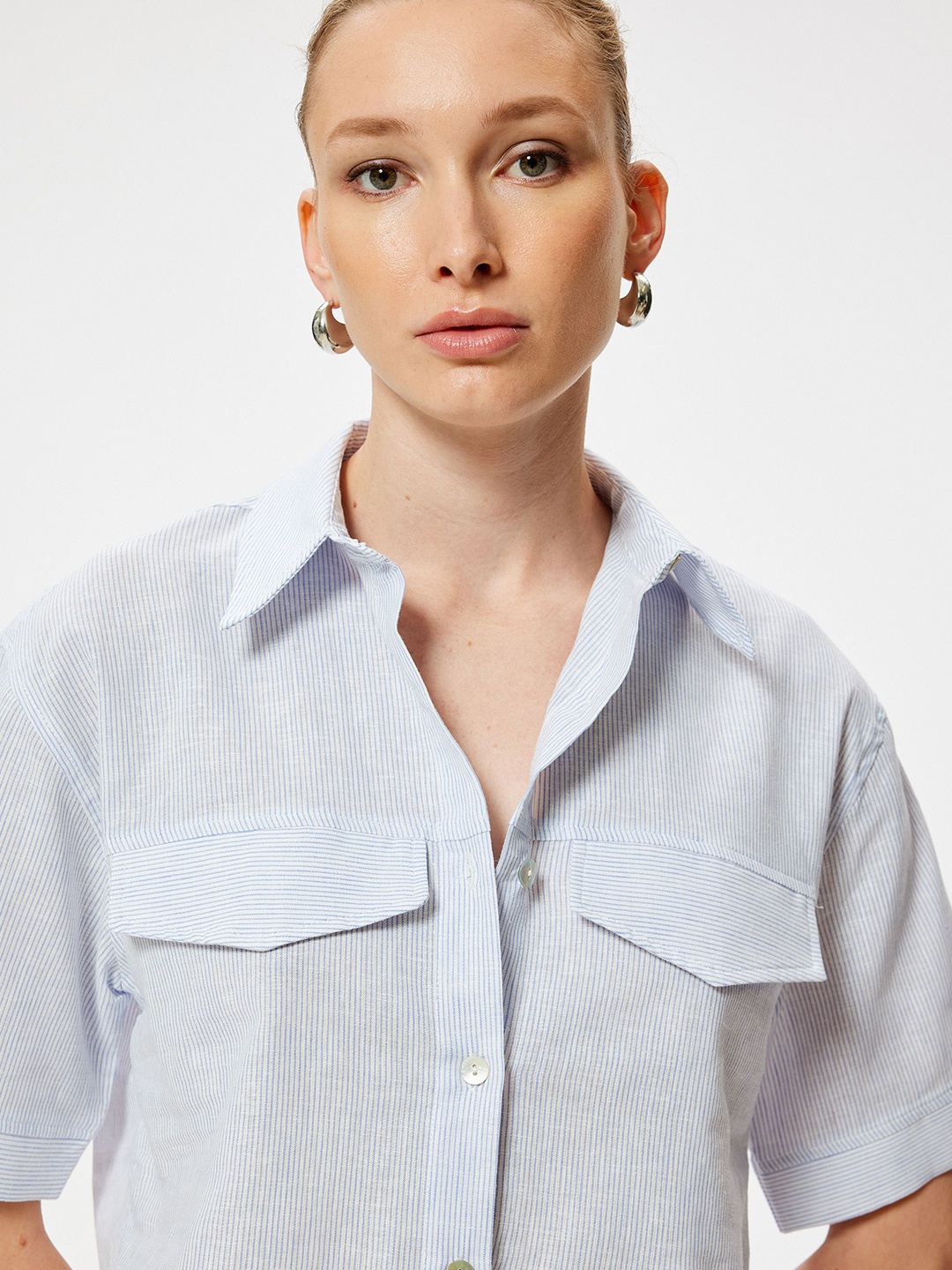 

Koton Women Spread Collar Vertical Striped Casual Shirt, Blue