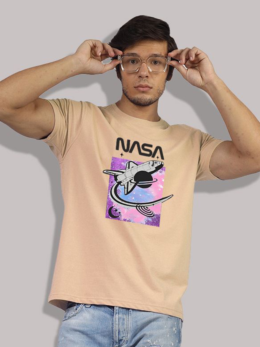 

Greylongg Men Graphic Printed Round Neck Cotton T-Shirt, Beige