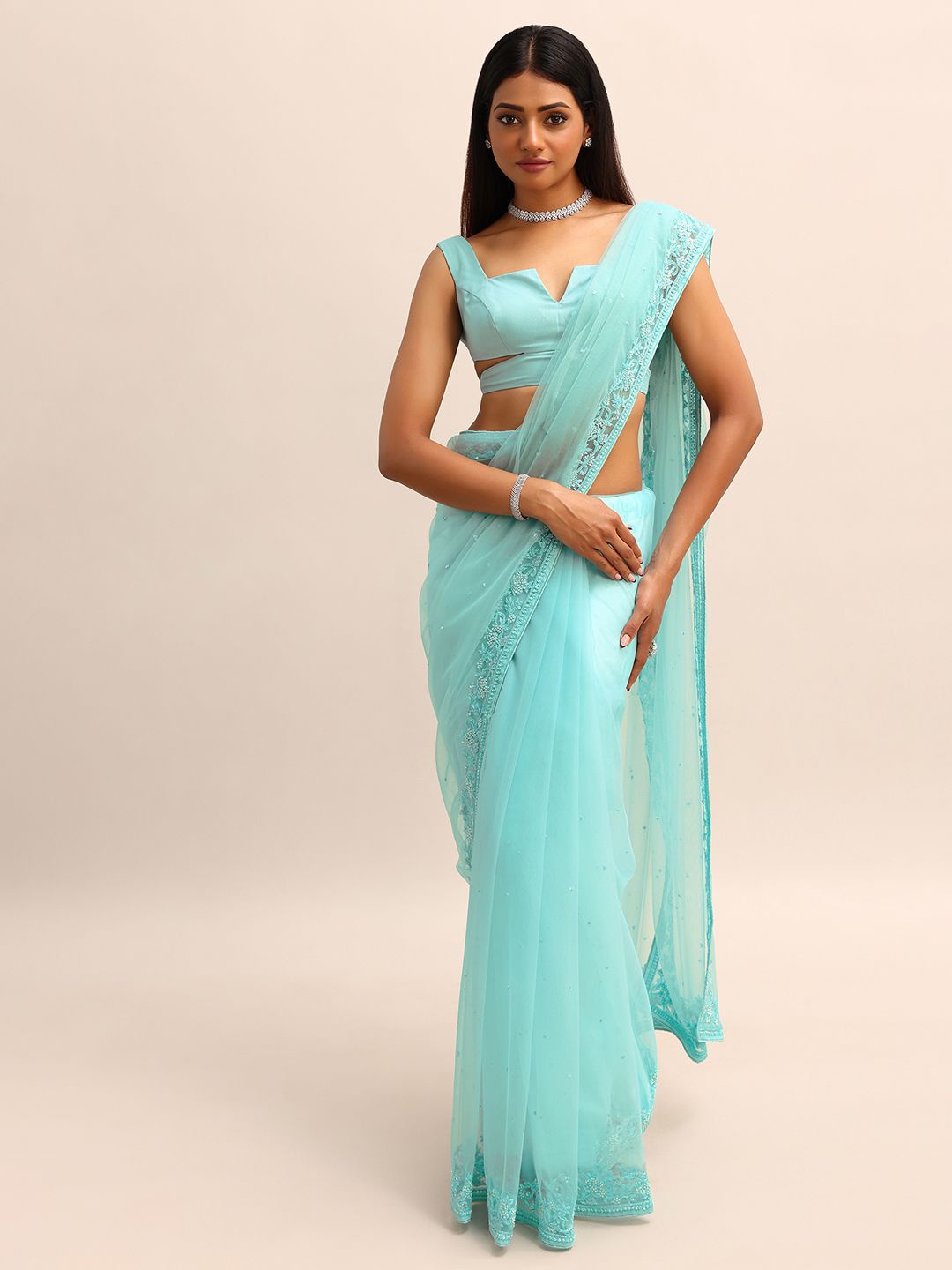 

KALKI Fashion Ethnic Motifs Embroidered Net Saree, Blue