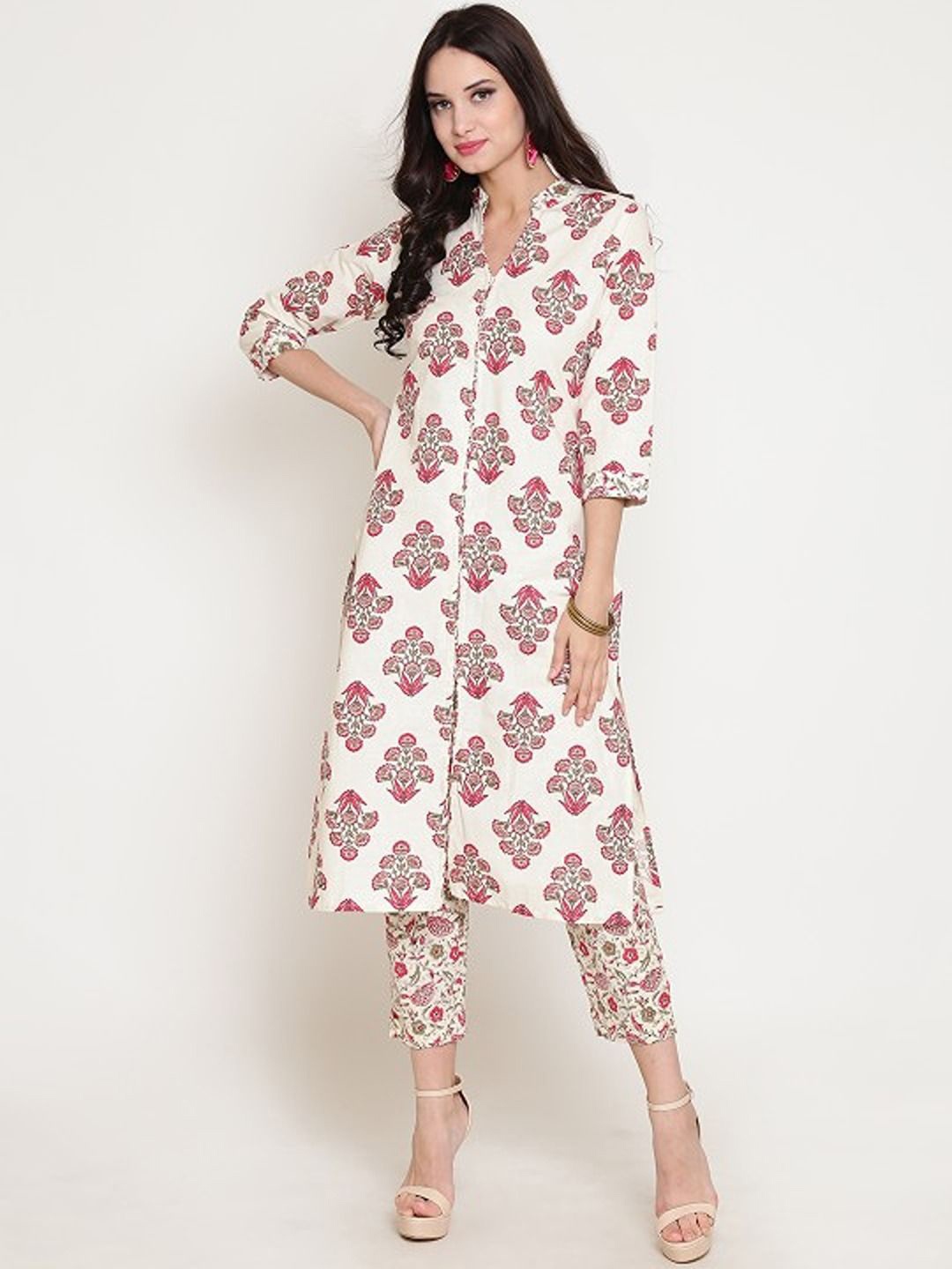 

Sera Ethnic Motifs Printed Mandarin Collar Cotton Front Slit Straight Kurta, Off white
