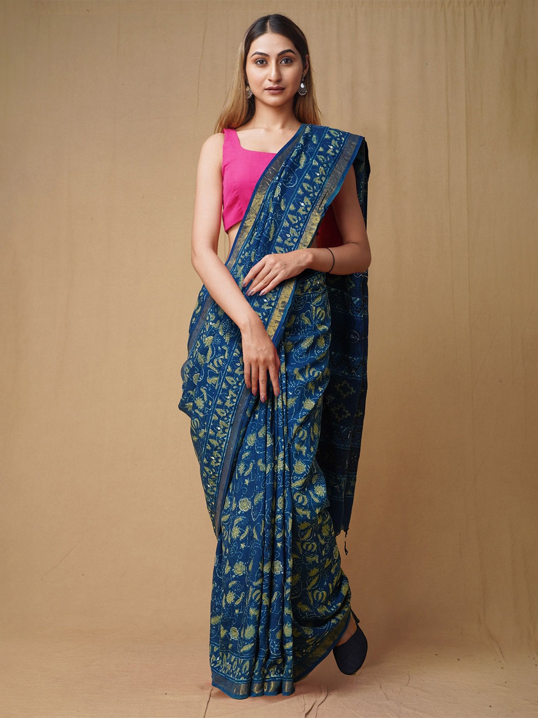 

Unnati Silks Ajrak Block Zari Art Silk Handloom Chanderi Blue Saree
