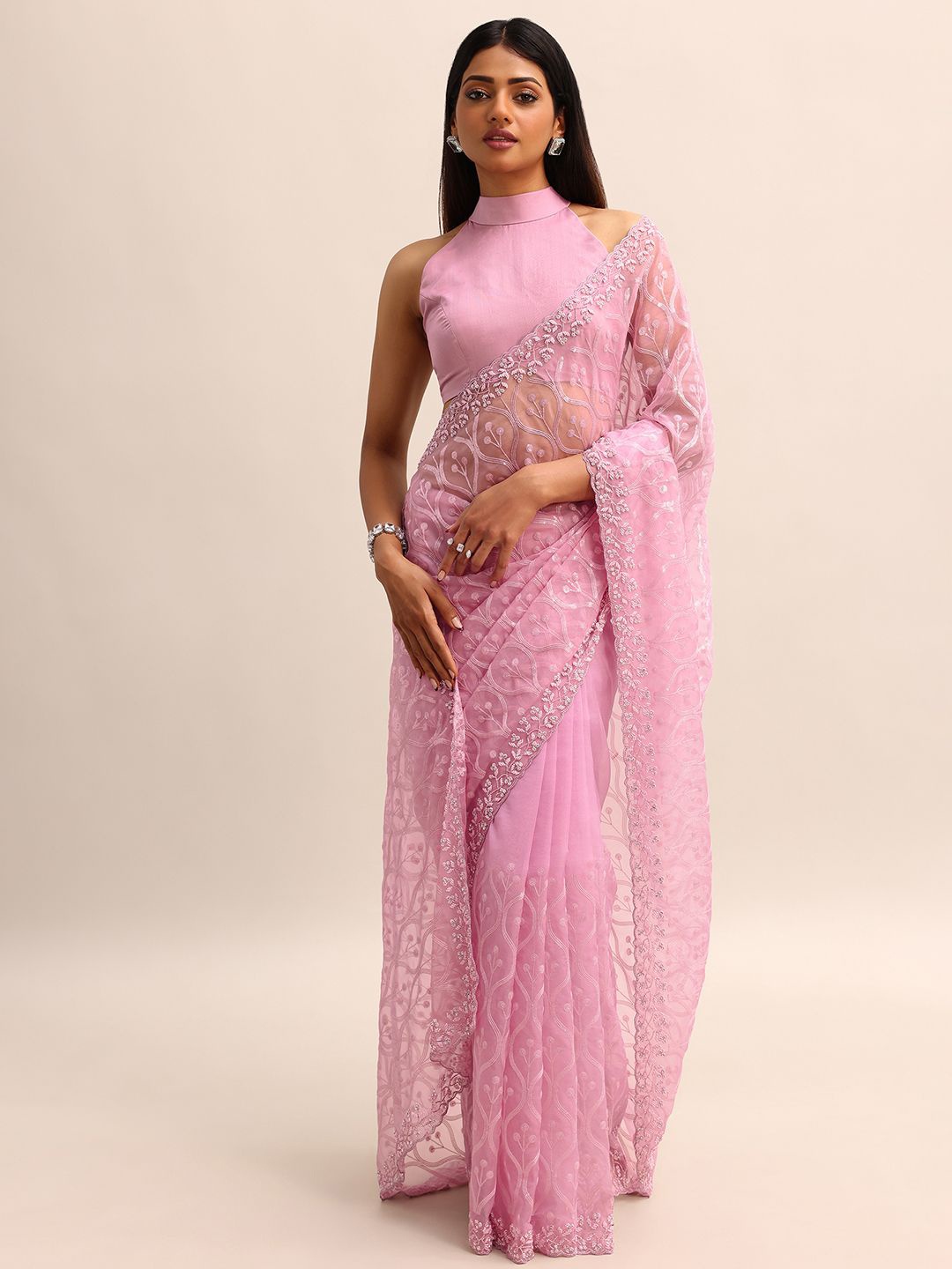 

KALKI Fashion Ethnic Motifs Embroidered Organza Saree, Pink