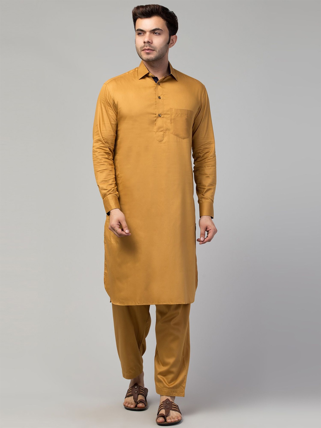 

MUSHKIYA Shirt Collar Regular Pure Cotton Kurta with Salwar, Mustard