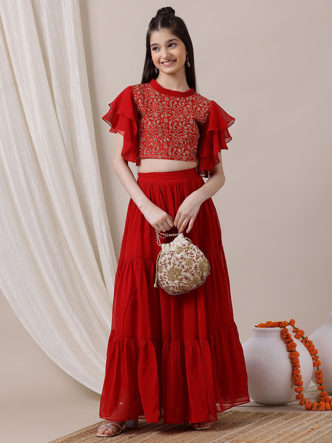 

Inddus Girls Embroidered Sequinned Ready to Wear Lehenga &, Red