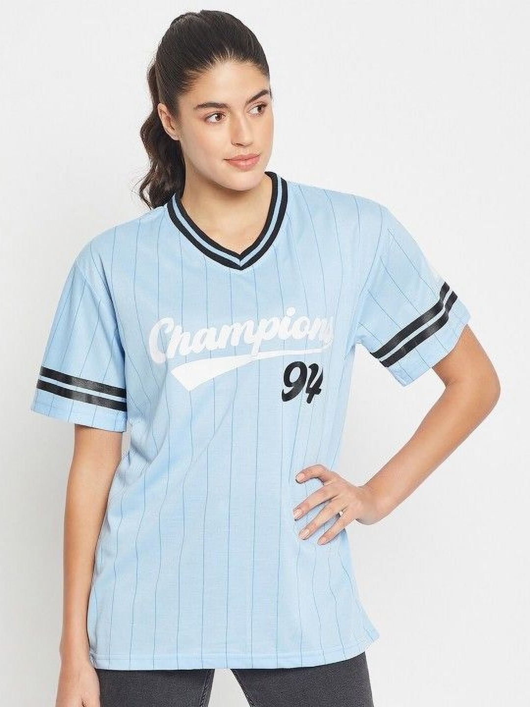 

Skidlers Women Striped V-Neck Cotton Oversized T-Shirt, Blue