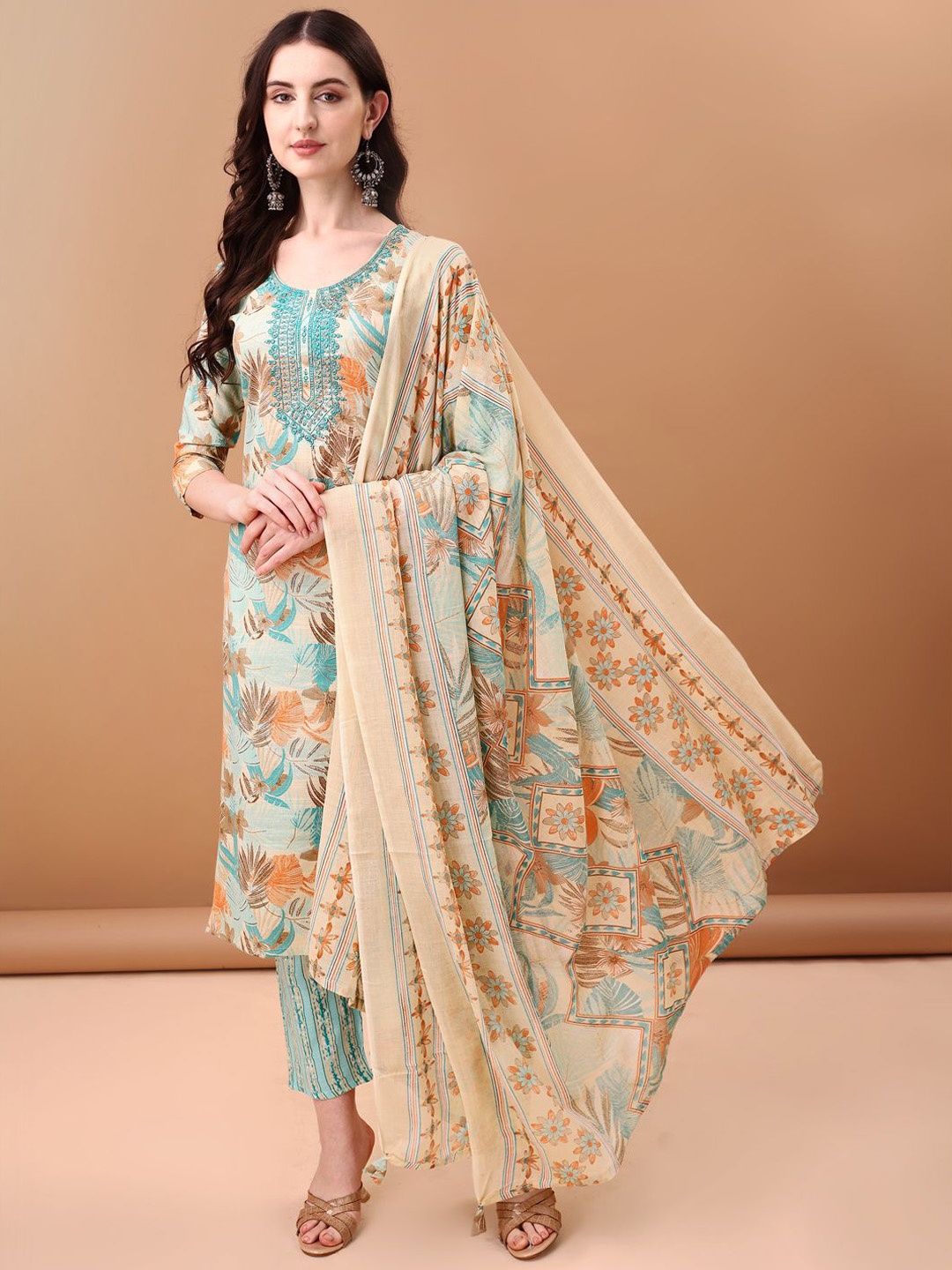 

KALINI Floral Printed Round Neck Thread Work Straight Kurta With Trousers & Dupatta, Blue