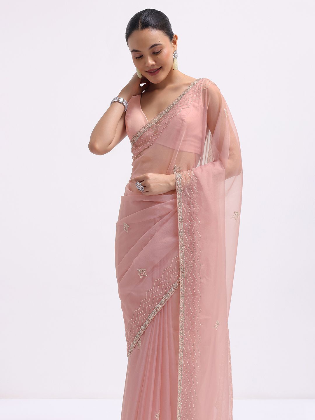 

KALKI Fashion Embellished Beads and Stones Organza Saree, Pink