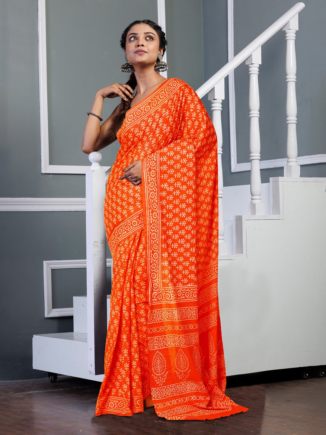 

Unnati Silks Ethnic Motifs Pure Cotton Handloom Block Print Saree, Orange