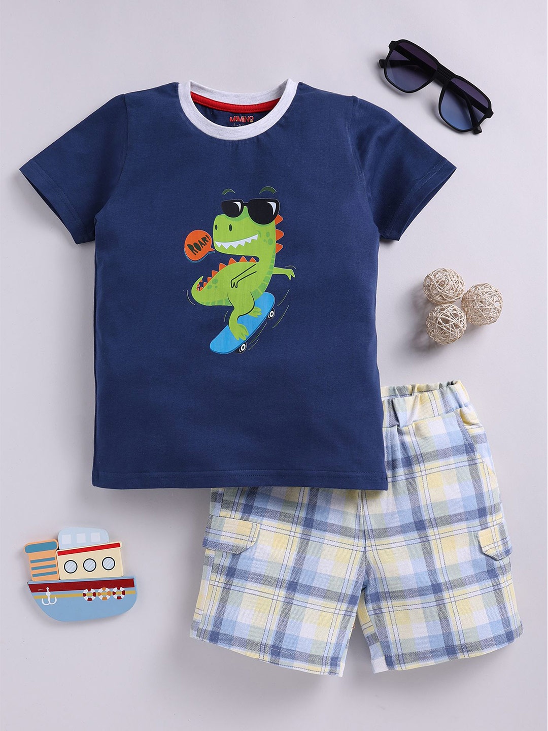 

MIMINO Boys Printed Pure Cotton T-shirt With Shorts, Blue