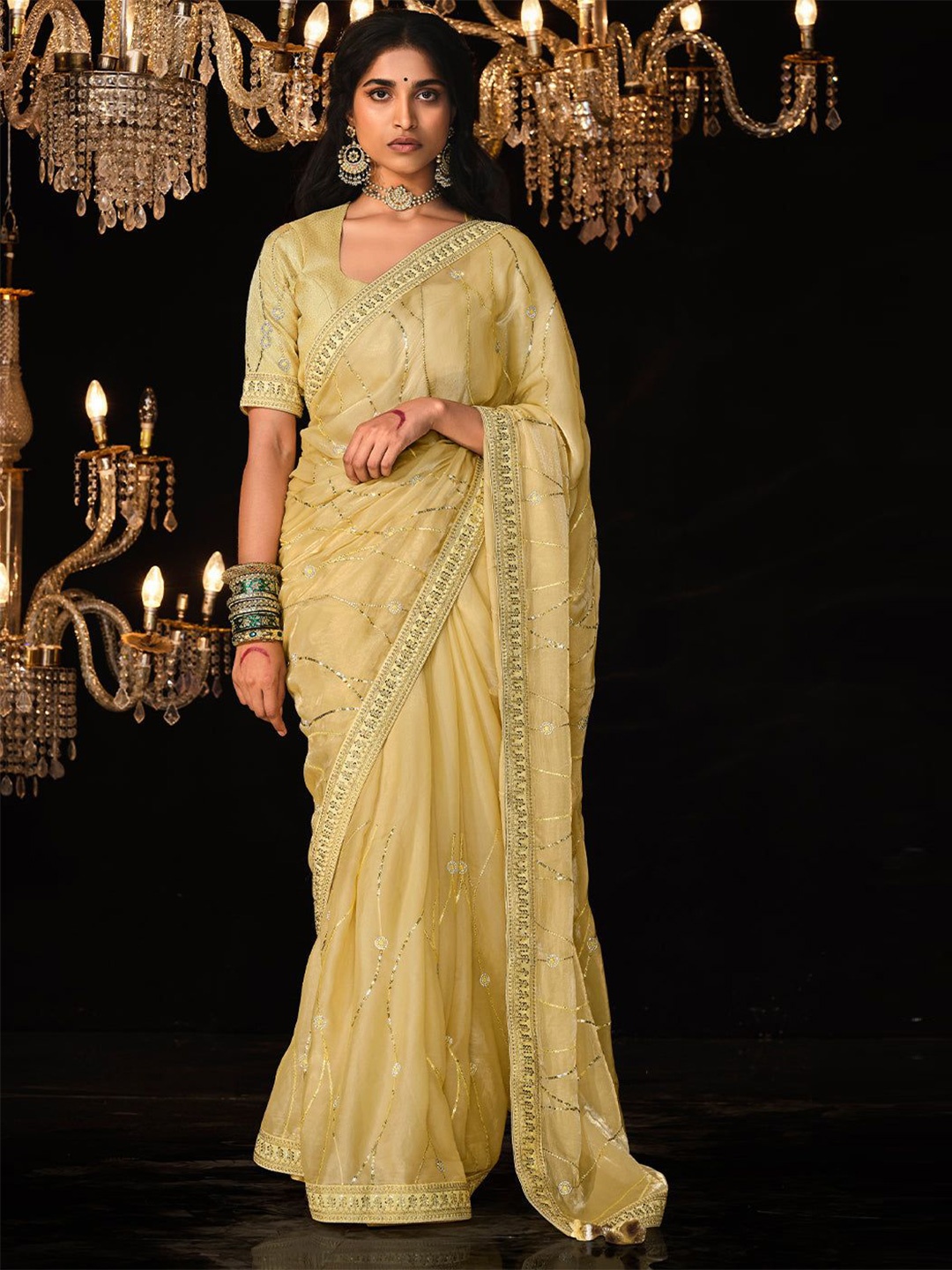 

MySilkLove Embellished Sequinned Satin Saree, Yellow
