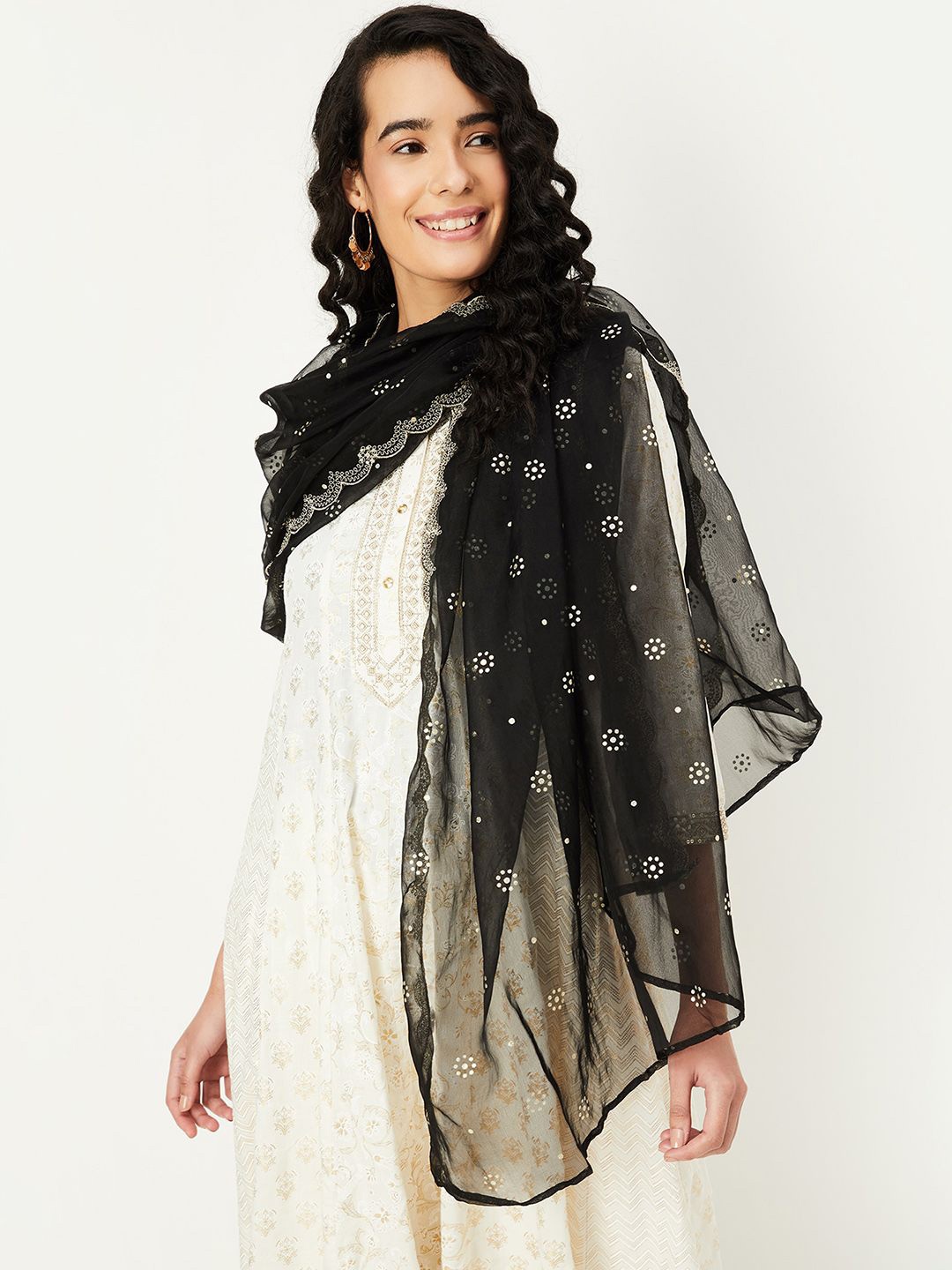 

max Floral Embroidered Chanderi Dupatta, Black