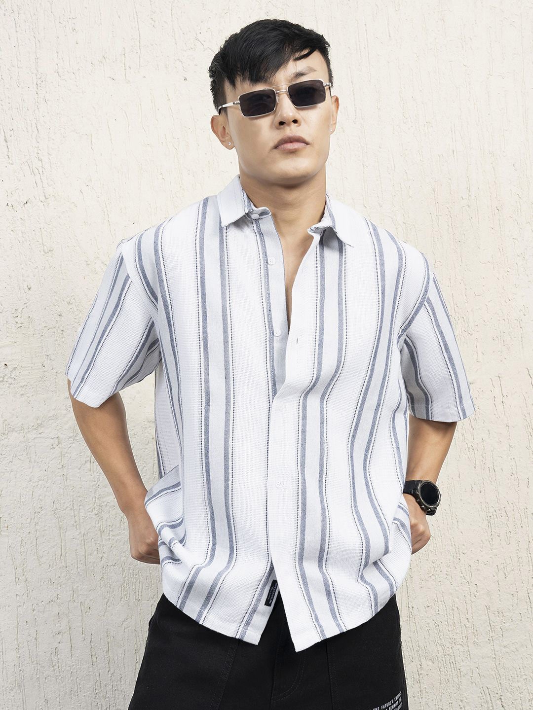 

Hubberholme Men Standard Spread Collar Striped Cotton Oversized Casual Shirt, White
