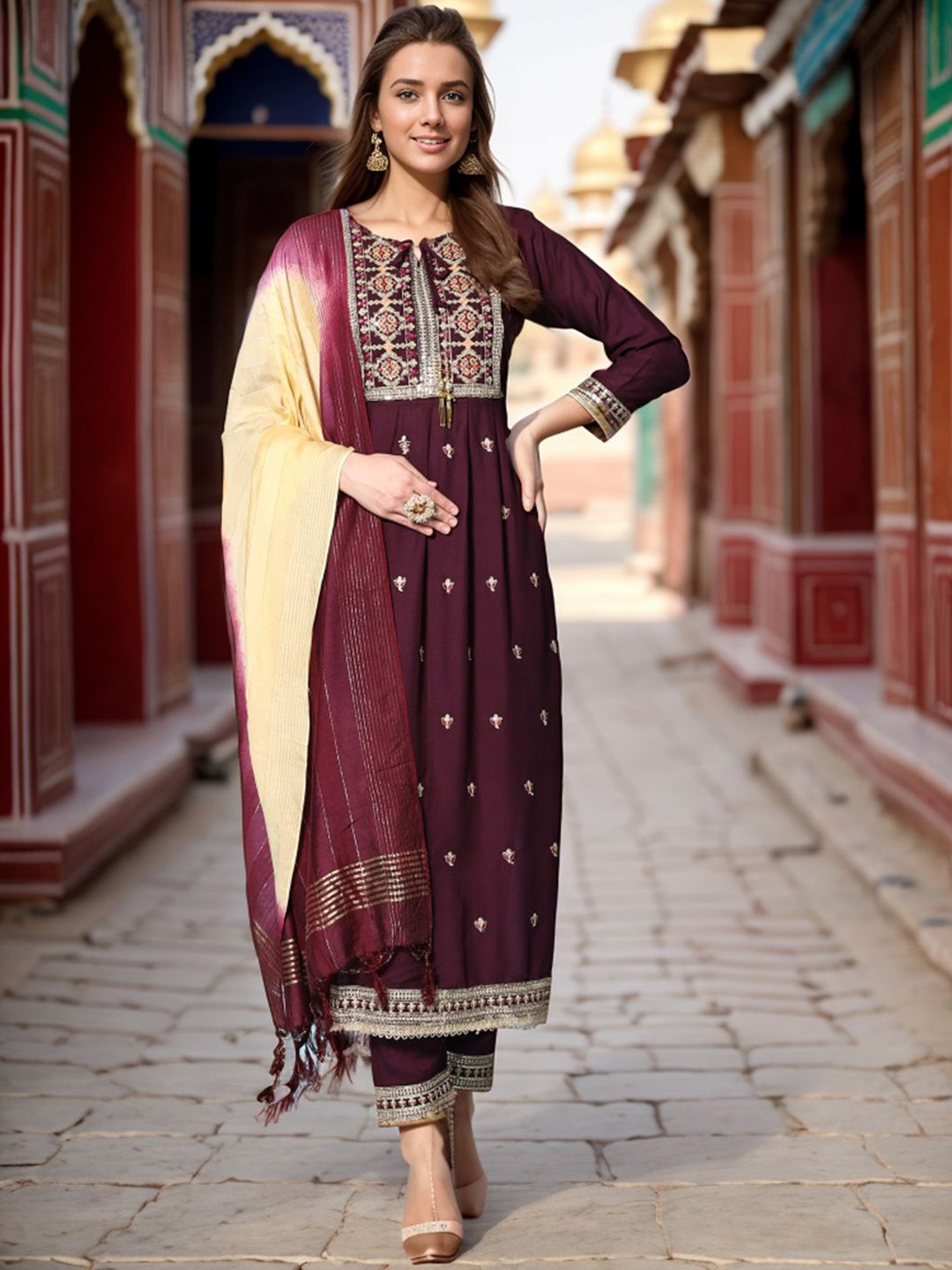 

KALINI Floral Embroidered Tie-Up Neck Zari Anarkali Kurta With Trousers & Dupatta, Brown