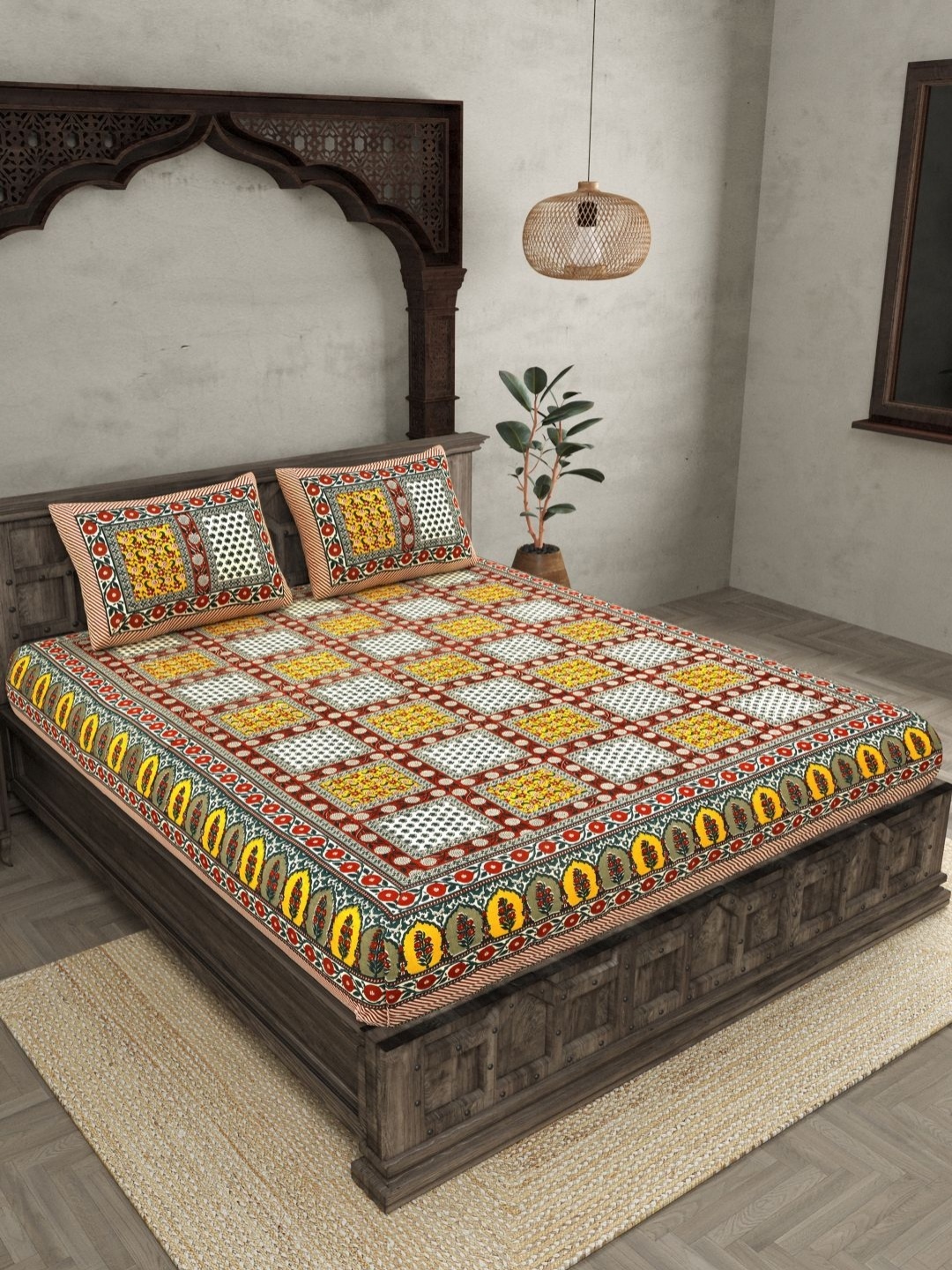 

JAIPUR FABRIC Yellow Ethnic Motifs 144 TC Pure Cotton King Bedsheet with 2 Pillow Covers