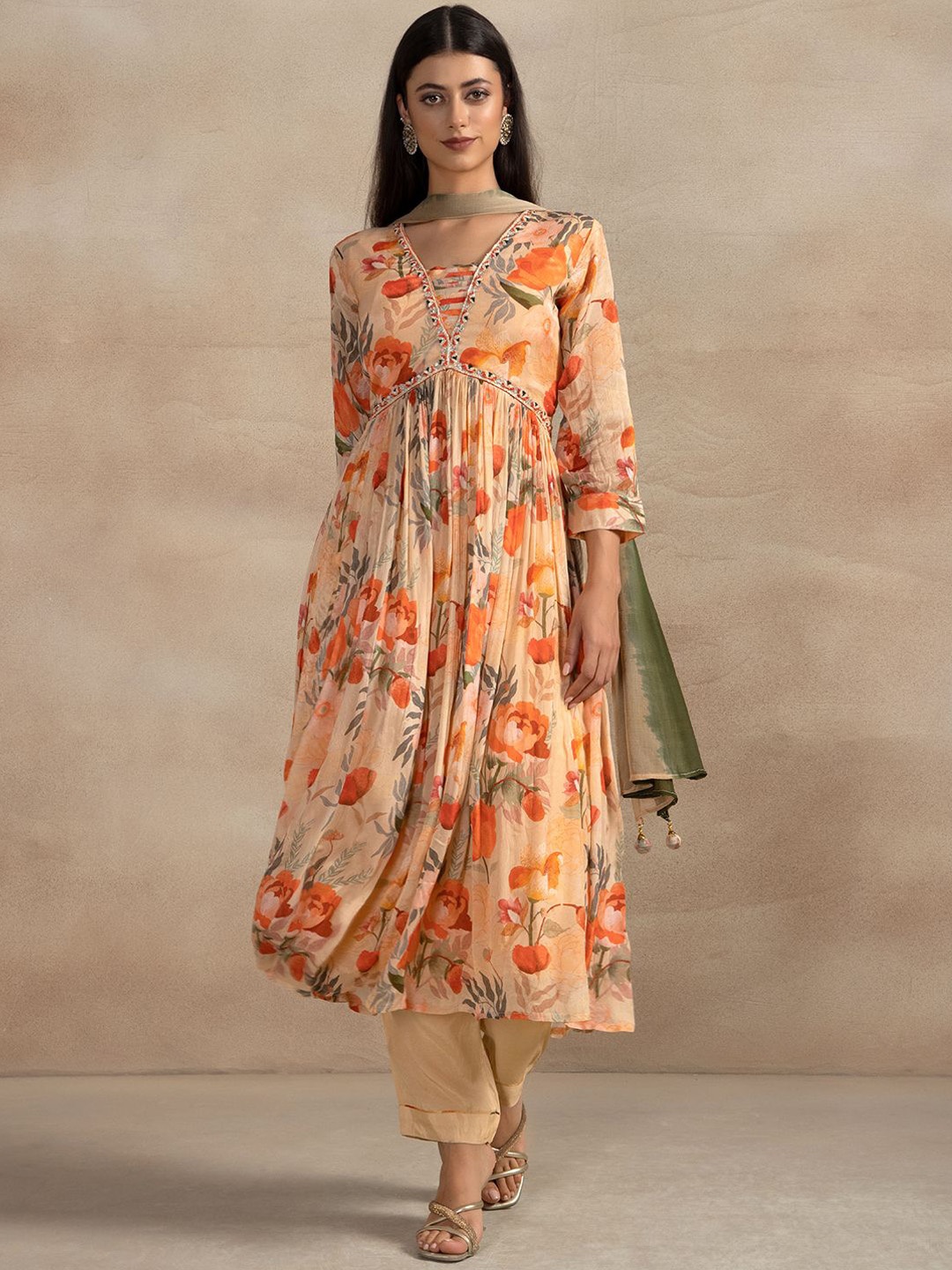 

Rang by Indya Women Floral Printed Empire Kurta with Trousers & With Dupatta, Beige