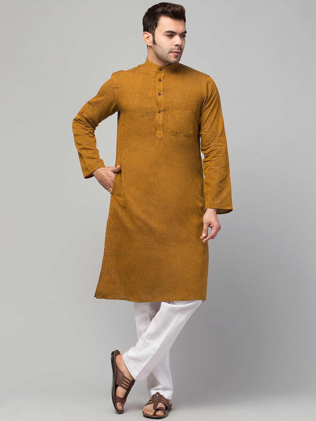 

MUSHKIYA Band Collar Straight Kurta, Mustard