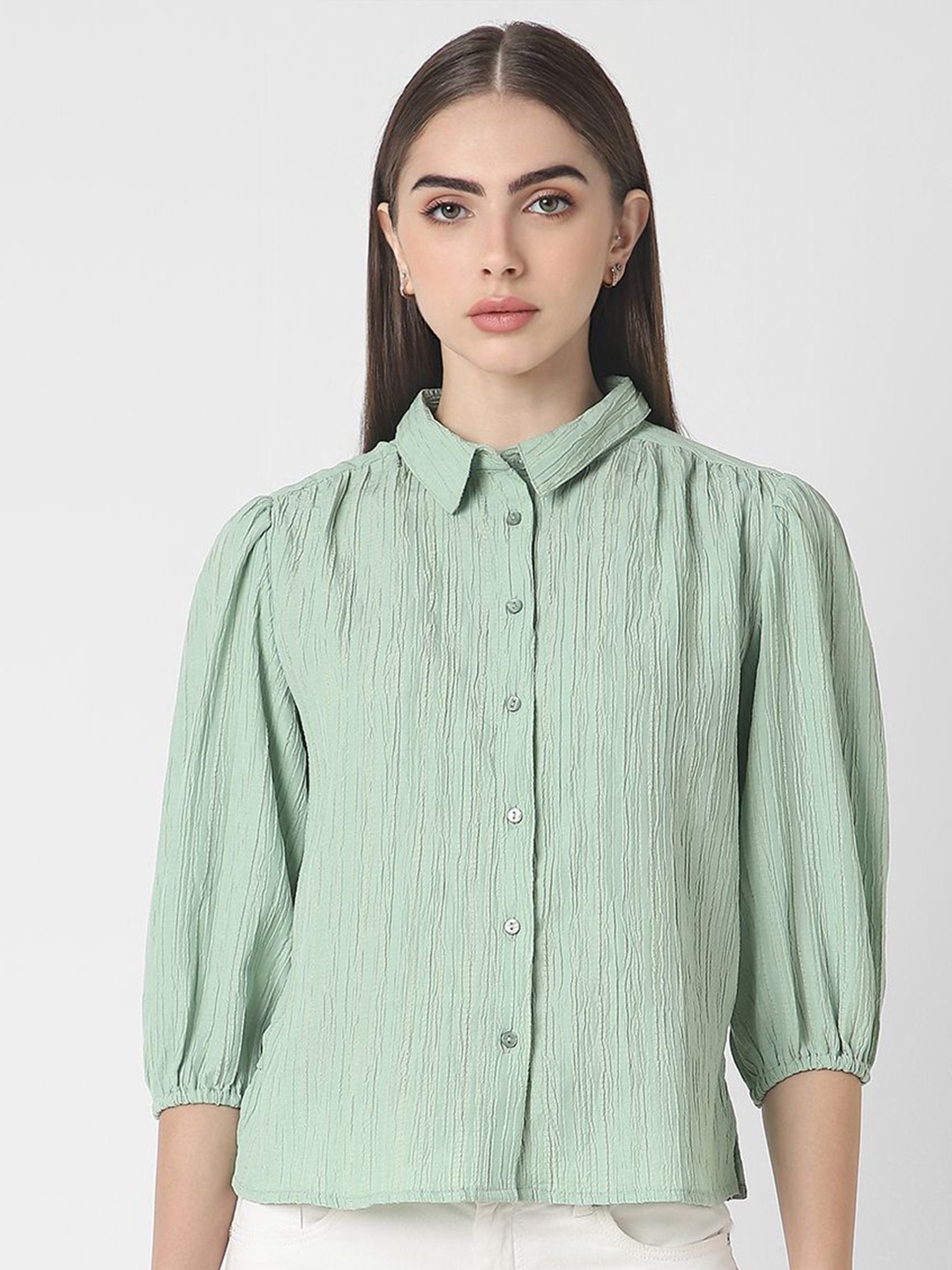 

Van Heusen Woman Women Spread Collar Solid Casual Shirt, Green