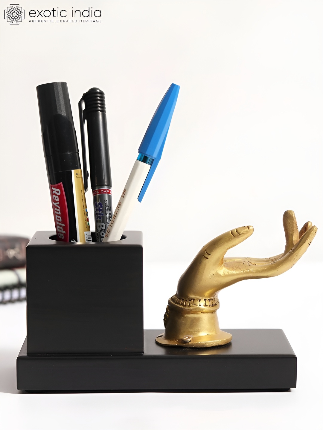 

Exotic India 5" Brass Devi Hand with Wooden Pen Stand, Gold