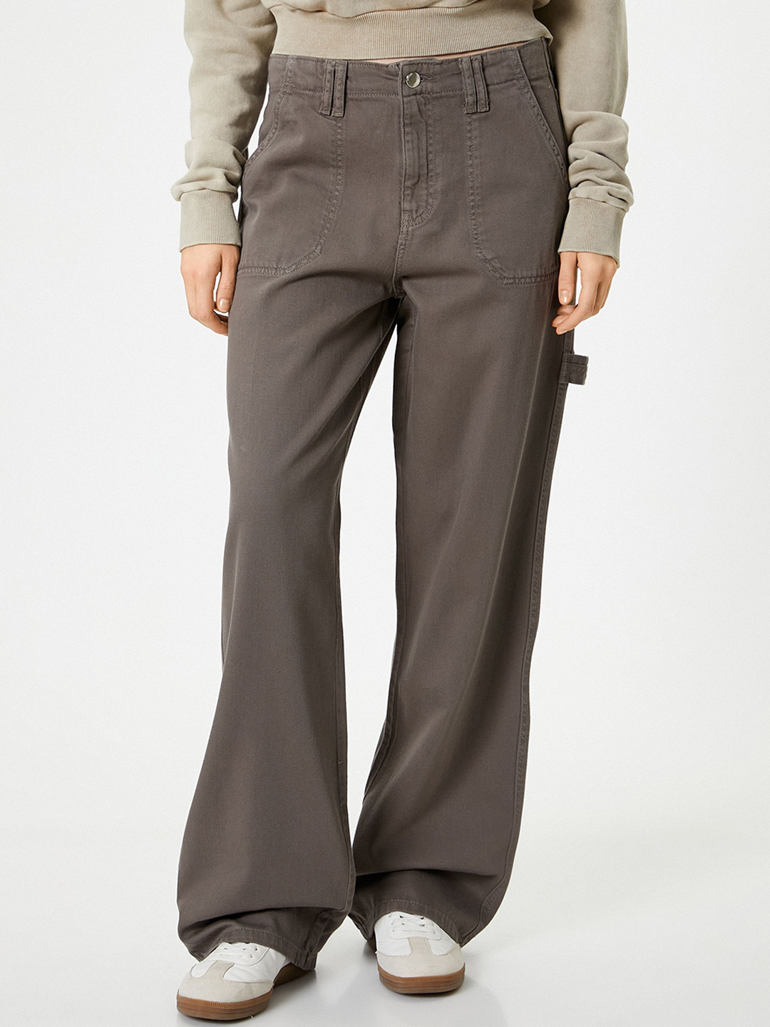 

Koton Women Straight Fit Mid-Rise Cotton Flat-Front Trousers, Grey
