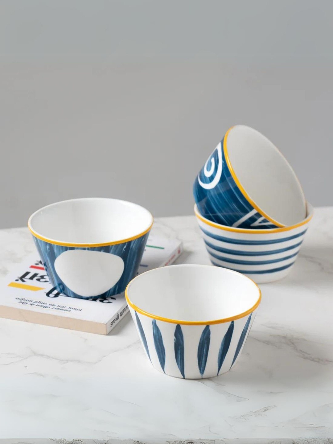 

CLAY CRAFT 4 Piece White & Blue Printed Ceramic Bowl Set