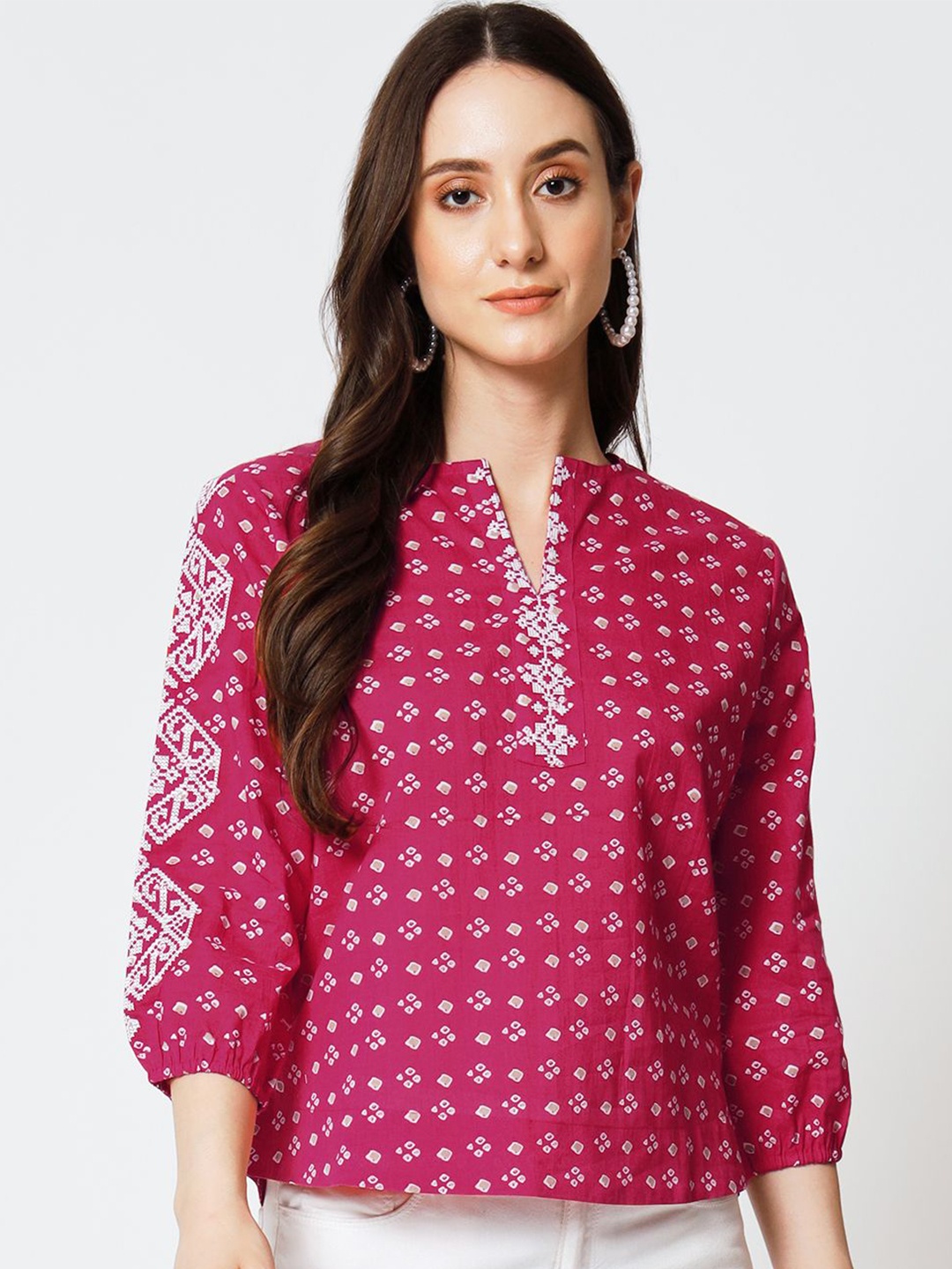 

Yaadleen Women Abstract Printed Mandarin Collar Cotton Top, Pink