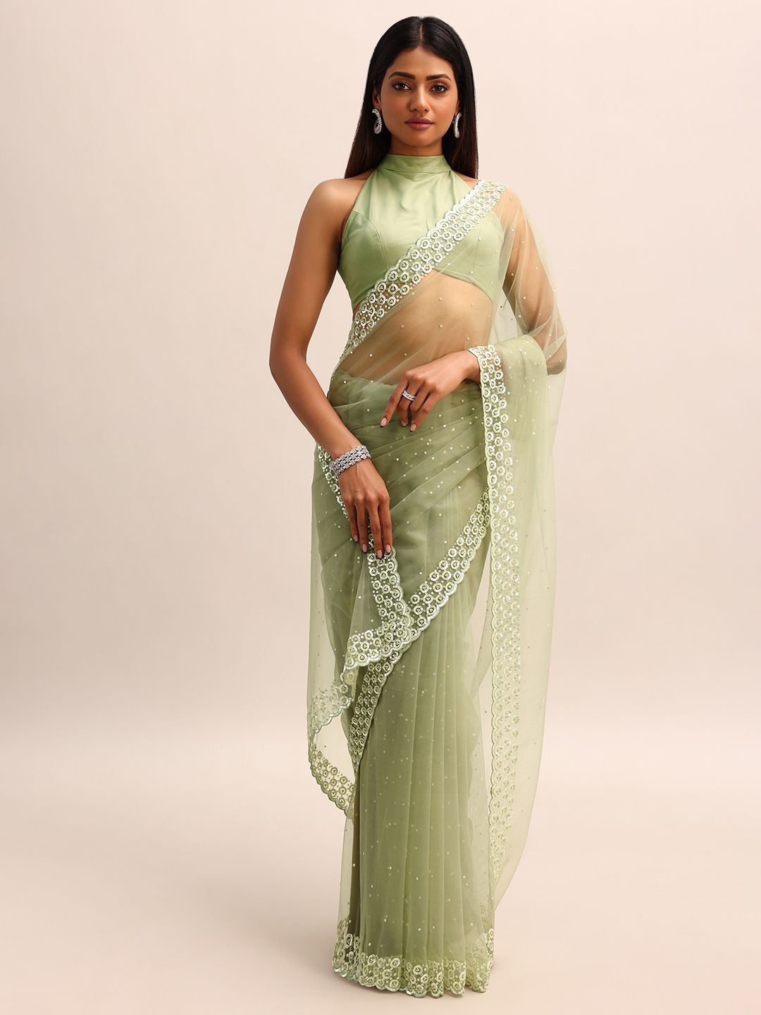 

KALKI Fashion Embellished Beads and Stones Organza Saree, Green